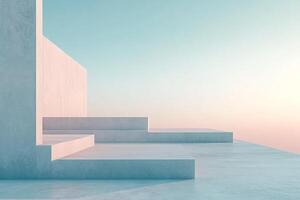 Minimalist architectural steps under a pastel sky. The scene evokes peace and modern design with clean lines and soft colors. photo