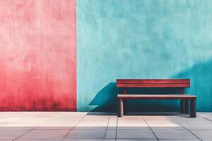 Minimalist bench against a vibrant wall with contrasting hues offers a serene visual balance and invokes calm contemplation. photo