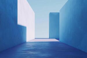 An abstract architectural passage bathed in cool blues, creating a sense of serenity and depth, perfect for contemplation and quiet reflection. photo
