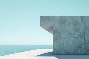 Minimalist concrete structure by the sea with clear blue sky, emphasizing architectural simplicity and serene coastal atmosphere. photo