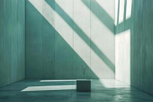 Minimalist interior with stark light patterns. Serene, contemplative space. Architectural minimalism with subtle natural element. photo
