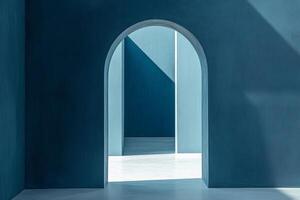 Architectural marvel featuring an archway casting shadows and a clean aesthetic with muted blue tones and minimalist design. photo