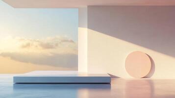 Minimalist scene of a platform bathed in sunlight against a backdrop of clouds, set against a neutral backdrop. Serene and uncluttered. photo