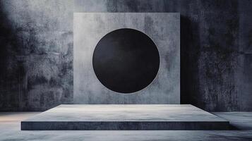 Minimalist geometric concrete structure with a black circle portal, bathed in soft light for a dramatic, architectural statement. photo