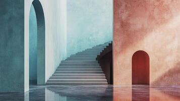 Architectural wonder with pastel walls and arched doorways, featuring elegant stairs and a serene atmosphere. A minimalist masterpiece. photo