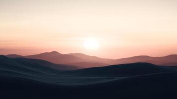 Serene vista of layered mountain silhouettes basked in the warm glow of sunset, creating a calming and inspiring landscape painting. photo