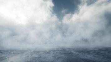 Abstract background featuring a concrete surface vanishing into a dense fog under a cloudy sky, creating a sense of mystery and minimalism. photo