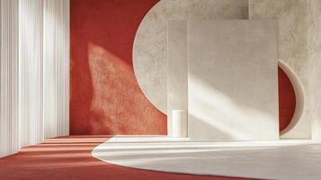 Abstract interior featuring minimalist geometry, textured surfaces, warm color palette, and a play of light and shadow for depth and dimension. photo