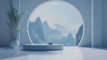 Minimalist interior scene featuring a potted plant, platform with bowl, and circular window framing misty mountain peaks in a serene setting. photo