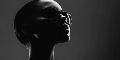 Sleek monochrome portrait featuring a dark-haired person with sunglasses, captured in a striking profile view against a dark background. photo