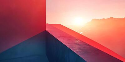 Abstract architectural design meets serene mountain view at sunset. A blend of geometric structure and natural landscape. photo
