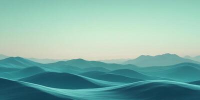 A cool toned, digital landscape displaying layers of rolling hills fading into the distance beneath a pastel gradient sky. Calming nature scene. photo