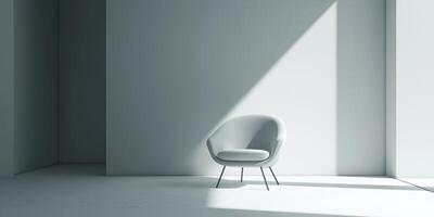 Minimalist interior featuring a light gray lounge chair bathed in sunlight against a simple white wall, creating a serene atmosphere. photo