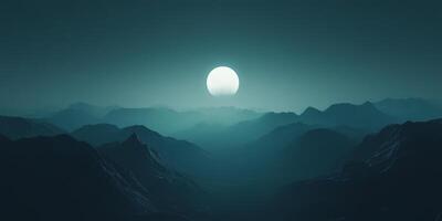Dramatic landscape of layered mountains under the glowing moon. Nature's stunning display of depth and tranquility in a monochromatic palette. photo