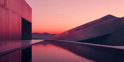 Surreal architectural landscape featuring smooth concrete structures and a pool reflecting the vibrant colors of a pastel sunset. photo