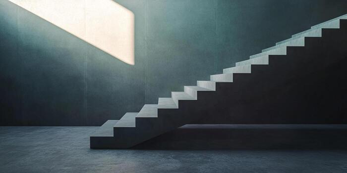 Minimalist staircase ascends in concrete space, illuminated by soft light, creating contrast and depth in architectural composition. photo