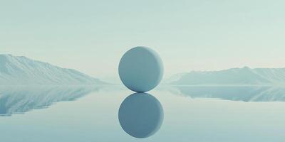 A monochromatic landscape features a sphere balanced on a reflective surface, with mountains visible in the distance. The image evokes a feeling of calm. photo