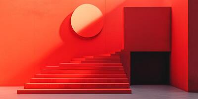 A stunning shot of vibrant stairs with a smooth wall and an abstract circle pattern, combining architecture and modern design elements. photo