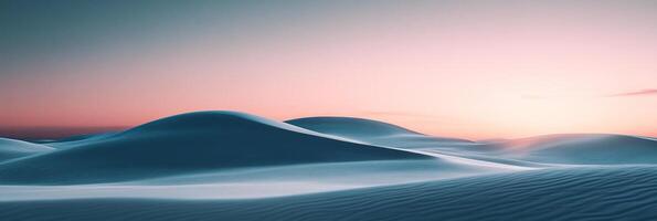 Tranquil desert landscape with gentle sand dunes under a soft gradient of pink and blue sky at dusk, creating a serene atmosphere. photo