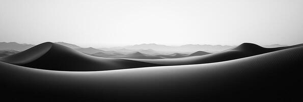 Monochromatic dunes under a hazy sky, showcasing the desert landscape's stark beauty, and the contrast between sand and distant mountains. photo