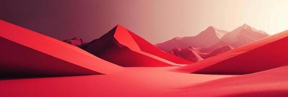 Abstract red landscape with sharp, geometric mountains. A minimalist desert scene with soft lighting and a gradient sky overhead. A serene and bold landscape. photo
