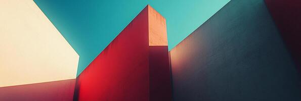 Architectural geometry showcasing a modern aesthetic with bold colors and strong lines against a bright blue sky creates a compelling visual. photo