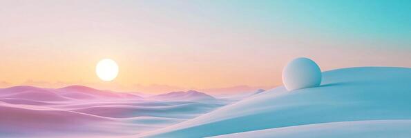 Serene landscape of pastel hills at dawn, featuring a smooth white sphere resting on a gentle peak, blending with soft, diffused light. photo