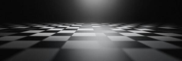 A monochrome checkerboard pattern recedes into a dark background, subtly illuminated with light shining on the surface creating depth and texture. photo
