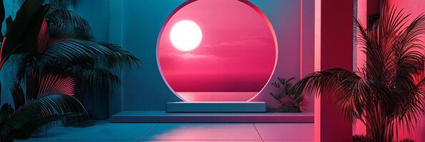 Abstract portal to ocean sunset with pink and blue lighting, platform, and botanical accents. Dreamy and vibrant scene. photo