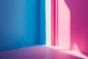 Abstract corner space with contrasting blue and pink walls, stark white column, and shadows creating depth, showcasing a modern aesthetic. photo