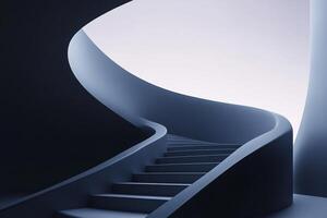 A minimalist, curving staircase in shades of gray and blue leads up into a space of bright light, creating a sense of upward movement. photo