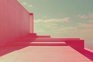 Surreal pink structure against a pastel sky, leading to a sense of calm minimalism and architectural curiosity. photo
