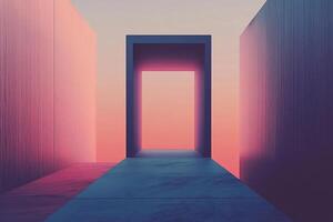 Abstract corridor perspective with blue portal-like archways. Colorful gradient walls leading into a bright, otherworldly destination. photo