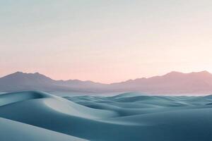 A vast desert landscape stretches under a pastel sky, with soft sand dunes and distant mountain silhouettes creating a serene scene. photo