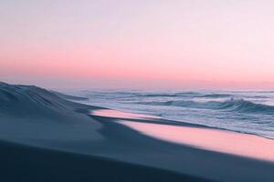 A serene beach landscape showcasing soft pastel hues across the sky and tranquil ocean waves gently kissing the sandy shore at sunset. photo