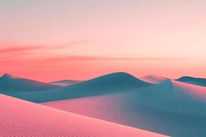 Surreal desert landscape with sand dunes colored in vibrant hues. Soft pink sky meets the horizon in a serene composition. photo