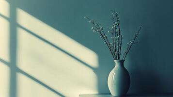 Minimalist vase of delicate flowers casts dramatic shadows against the stark, monochromatic wall creating a serene atmosphere. photo