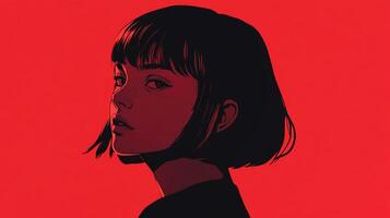 A striking portrait of a young woman with short, dark hair against a vivid red backdrop, emphasizing her gaze and expression. photo