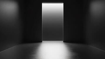 A stark monochrome view presents a bright rectangular opening in a dark space, creating a dramatic and contrasting visual effect. photo