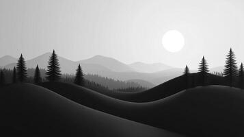Monochromatic landscape with trees and mountains. Serene, minimalist depiction of nature under a bright sun or moon in a grayscale palette. photo
