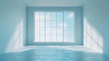 Minimalist blue room with a large window showing a bright sky and scattered clouds, bathed in sunlight, creating a peaceful atmosphere. photo