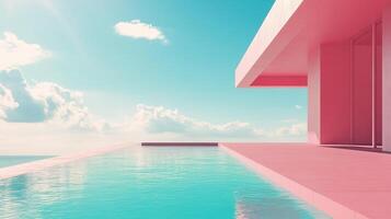 A serene pool merging with the horizon, framed by a pink minimalist structure under a pastel sky. A calming and modern vista. photo