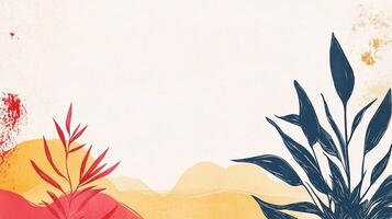 Abstract nature art with red, yellow, and blue elements. Delicate botanical drawing over a soft background, evoking a sense of natural beauty. photo