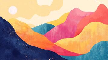 Colorful abstract mountain landscape featuring multiple textured layers beneath a warm, sunlit sky with gentle clouds. Serene vista photo