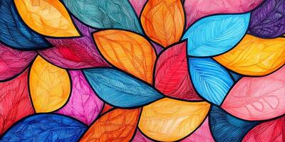 Vibrant leaves in an array of colors overlap creating a visually striking pattern filled with orange, pink, yellow, purple, and blue hues. photo