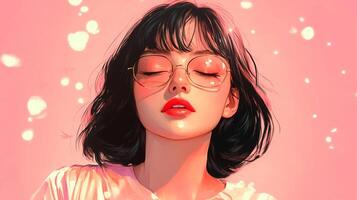 A serene girl with glasses and bangs in a pink ambiance, eyes closed, radiates calmness and a peaceful expression in a stylish portrait. photo