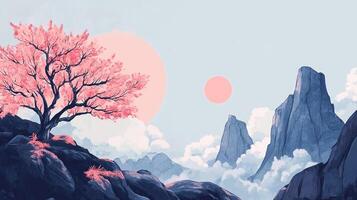 Stylized landscape featuring a flowering tree on rocky terrain against a mountain backdrop with celestial bodies and cloud formations. photo