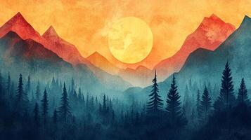 Watercolor sunrise in the mountains with trees. An abstract landscape with mountains, forest, and soft sky blends warmth and tranquility. photo