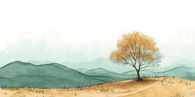 Serene landscape featuring golden tree on a hill with distant mountains, creating a calm, nature-filled scenic view. photo