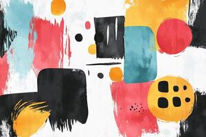 An abstract artwork featuring a blend of geometric shapes and brushstrokes in a vibrant color palette, creating an eye-catching visual. photo